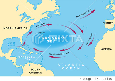 Sargasso Sea, region of the Atlantic Ocean, map. Sea without land boundaries, an ocean gyre, formed and bounded by Gulf Stream, North Atlantic Current, Canary Current, and North Equatorial Current. 132295130