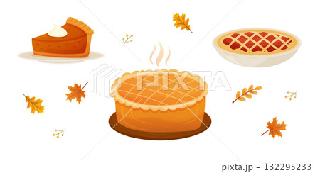 Delicious set of autumn desserts including pumpkin pie, apple pie, and a golden-brown pie with steam rising, perfect for seasonal celebrations Delicious set of autumn desserts including pumpkin pie, apple pie, and a golden-brown pie with steam rising, perfect for seasonal celebrations 132295233