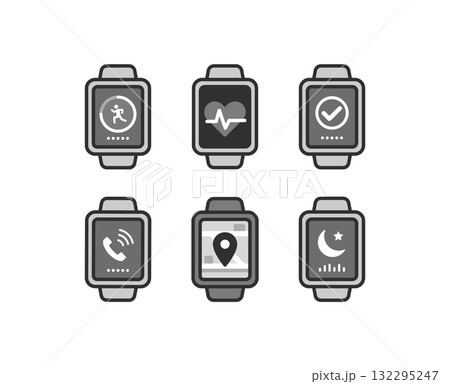 いろいろなアプリが表示されたスマートウォッチのアイコンイラスト 132295247