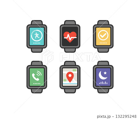 いろいろなアプリが表示されたスマートウォッチのアイコンイラスト 132295248