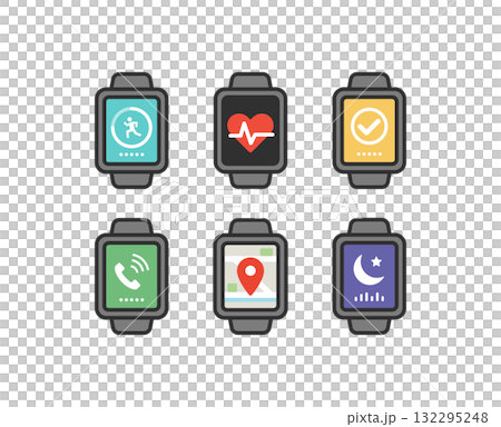 いろいろなアプリが表示されたスマートウォッチのアイコンイラスト 132295248