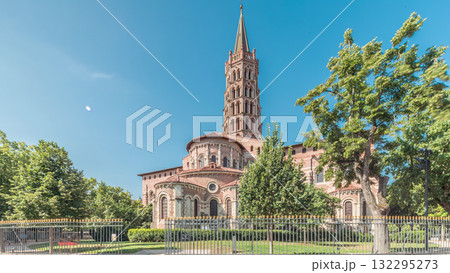 The cobbled parvis of the Basilica of Saint Sernin in Toulouse, France, timelapse hyperlapse. 132295273