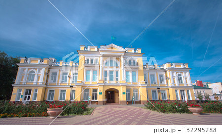 Beautiful 18th century building in the center of Uralsk timelapse hyperlapse. Western Kazakhstan. 132295288