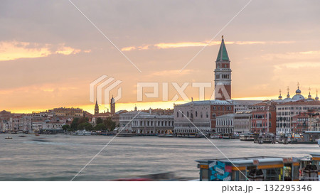 View of the Doge's Palace and the Campanile of St. Mark's Cathedral at sunset timelapse. Venice, Italy View of the Doge's Palace and the Campanile of St. Mark's Cathedral at sunset timelapse. Venice, Italy 132295346