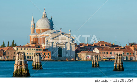 Lagoon of Venice with Chiesa church del Santissimo Redentore located on Giudecca island timelapse 132295354