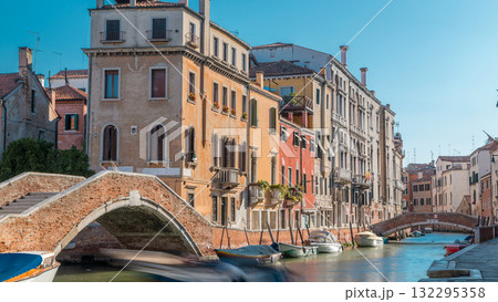 Morning in Venice timelapse. Canal channel , bridges, historical, old houses and boats. Venice, Italy 132295358