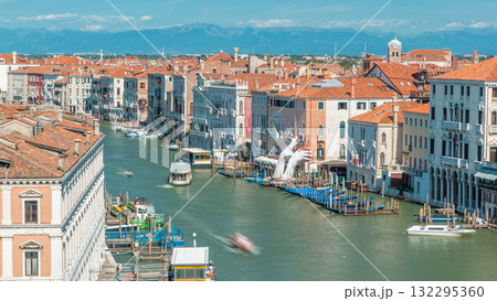 Top view on central busy canal in Venice timelapse, on both sides masterpieces of Venetian architecture Top view on central busy canal in Venice timelapse, on both sides masterpieces of Venetian architecture 132295360