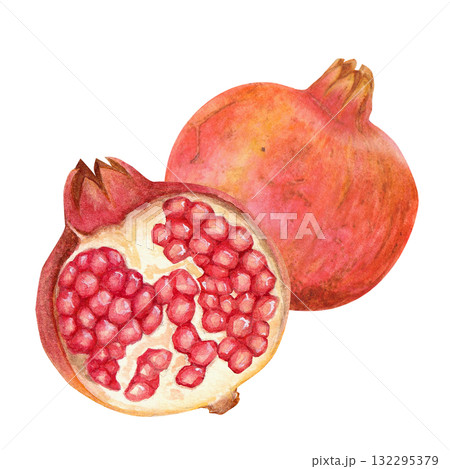 水彩で描いた半分に割れたザクロの果実のイラスト 水彩で描いた半分に割れたザクロの果実のイラスト 132295379