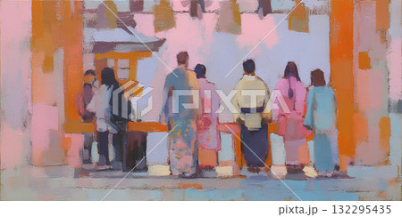 神社に参拝する参詣者たち（油彩）People Visiting a Shrine 132295435