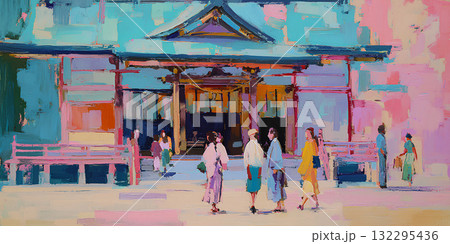神社に参拝する参詣者たち（油彩）People Visiting a Shrine 132295436