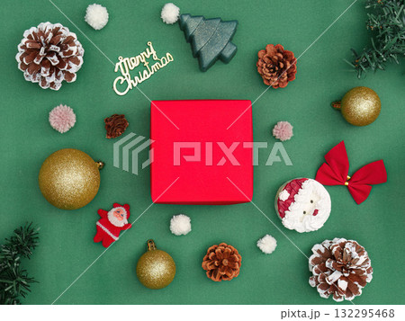 Christmas Background with Red Gift Box and Holiday Decorations 132295468