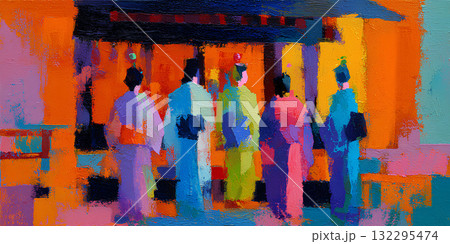 神社を参拝する人々(油彩タッチ)People Visiting a Shrine 神社を参拝する人々(油彩タッチ)People Visiting a Shrine 132295474