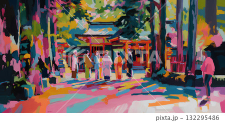神社を参拝する人々（油彩タッチ）初詣 Shrine for New Year 132295486