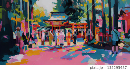 神社を参拝する人々（油彩タッチ）初詣 Shrine for New Year 132295487