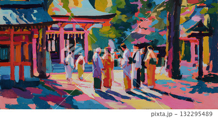 神社を参拝する人々（油彩タッチ）初詣 Shrine for New Year 132295489