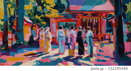 神社を参拝する人々（油彩タッチ）初詣 Shrine for New Year 132295490