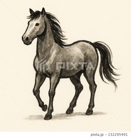 ゆる筆で描いた墨絵風の馬イラスト（干支・辰年賀状・和風素材） 132295491