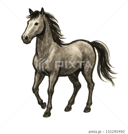 ゆる筆で描いた墨絵風の馬イラスト（干支・辰年賀状・和風素材）(背景透過) 132295492