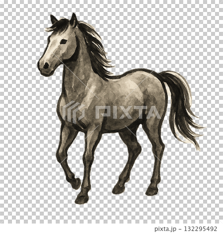 ゆる筆で描いた墨絵風の馬イラスト（干支・辰年賀状・和風素材）(背景透過) 132295492