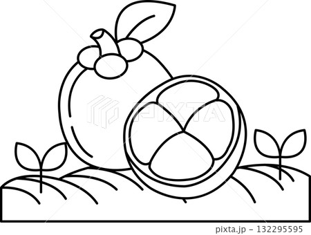 A drawing of a fruit with a leaf on top and a slice of it on the ground 132295595