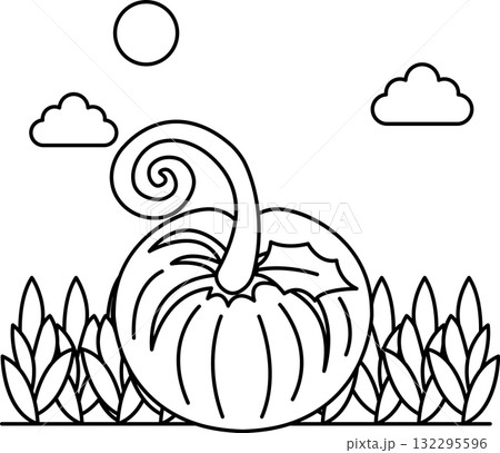 A pumpkin with a long stem is sitting in a field 132295596