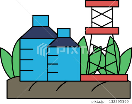 A black and white drawing of a field with a few oil tanks and a power plant 132295599