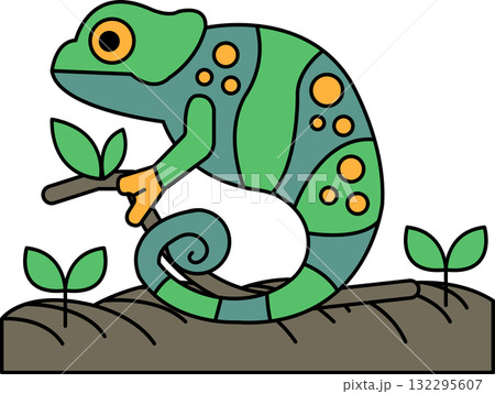 A black and white drawing of a chameleon sitting on a leaf 132295607