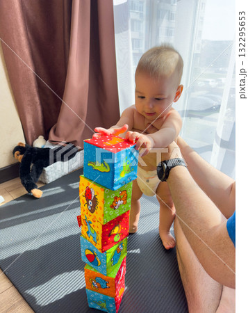 Baby Stacking Colorful Blocks Indoors Baby Stacking Colorful Blocks Indoors 132295653