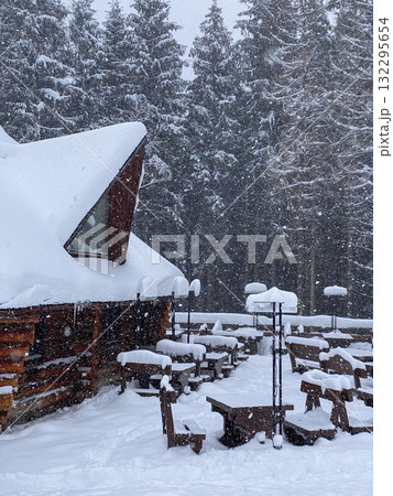 Snowy Cabin in Winter Forest Snowy Cabin in Winter Forest 132295654