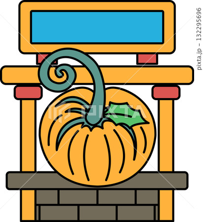 A pumpkin is on a table with a sign that says "Pumpkin" 132295696