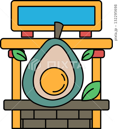 A drawing of a fruit stand with a large avocado on top A drawing of a fruit stand with a large avocado on top 132295698