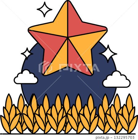 A star is drawn in the center of a field with clouds in the background 132295703