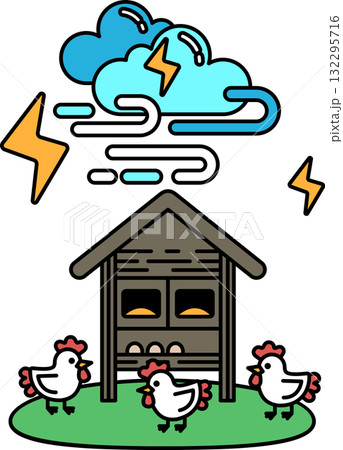 A black and white drawing of a chicken coop with three chickens and a house 132295716