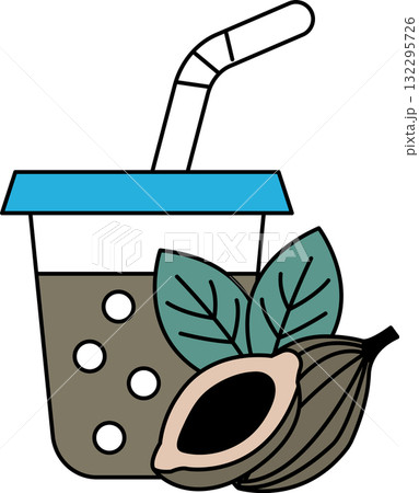 A cup of juice with a straw and a leaf on top 132295726