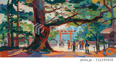 油彩風の大きな杉の木と鳥居の神社（お詣り）Tree and Torii Gate 132295858