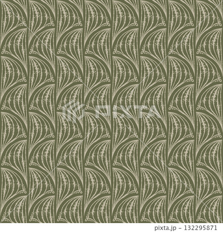 Geometric seamless pattern with ink line texture forming elegant fan shape. Hand drawn vector line art with olive green and beige colors. Ideal for wallpaper textile design and sketch style templates. Geometric seamless pattern with ink line texture forming elegant fan shape. Hand drawn vector line art with olive green and beige colors. Ideal for wallpaper textile design and sketch style templates. 132295871