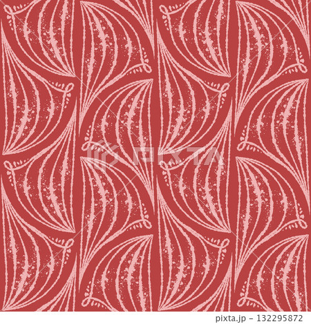 Geometric seamless pattern with ink line texture forming elegant fan shape. Hand drawn vector lineart with red and pink monochrome color. Ideal for wallpaper textile design and sketch style templates. Geometric seamless pattern with ink line texture forming elegant fan shape. Hand drawn vector lineart with red and pink monochrome color. Ideal for wallpaper textile design and sketch style templates. 132295872