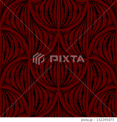 Geometric seamless pattern with ink line texture forming gothic fan shapes. Hand drawn vector line art with burgundy and black contrast. Ideal for wallpaper textile design and sketch style templates. Geometric seamless pattern with ink line texture forming gothic fan shapes. Hand drawn vector line art with burgundy and black contrast. Ideal for wallpaper textile design and sketch style templates. 132295873