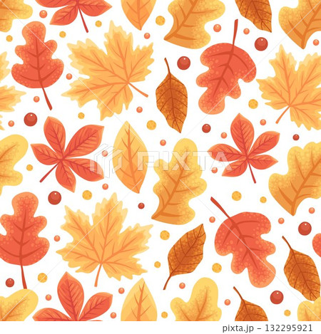 Fall leaves seamless pattern. Autumn foliage vortex repeat design. Hand drawn autumnal background. Dry maple leaf, golden yellow birch, red rowan, etc. Thanksgiving backdrop vector illustration 132295921
