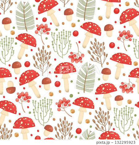 Vector Seamless Pattern with Hand Drawn Cartoon Fly Agaric Mushrooms. Amanita Muscaria, Fly Agaric Illustration, Mushrooms. Magic Mushroom Print, Design Template Vector Seamless Pattern with Hand Drawn Cartoon Fly Agaric Mushrooms. Amanita Muscaria, Fly Agaric Illustration, Mushrooms. Magic Mushroom Print, Design Template 132295923
