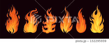 Cartoon fire. Flame of infernal fireballs, red and yellow campfire, hot wildfire and bonfire, burn power. Hellfire, burning icons isolated vector set. Fireplace or camping activity Cartoon fire. Flame of infernal fireballs, red and yellow campfire, hot wildfire and bonfire, burn power. Hellfire, burning icons isolated vector set. Fireplace or camping activity 132295939