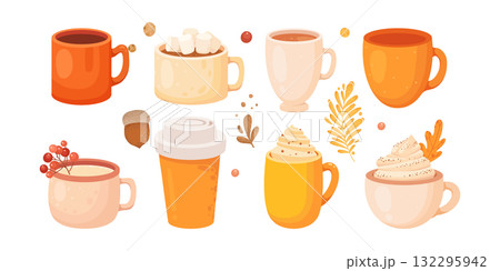 Collection of pumpkin spice seasonal flavored products, food and drinks isolated on white background. Bundle of autumn delicious sweet desserts or pastry. Modern colorful vector illustration 132295942