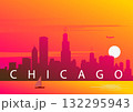 Chicago skyline in vector. Sunset over the city. Creative illustration of the Chicago cityscape and Lake Michigan, USA 132295943