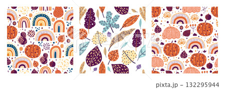 Vector fall seamless pattern. Autumn forest background for fabric, wallpaper and wrapping paper set for your 132295944