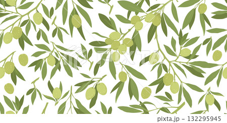 Branches with olives seamless pattern. Olive ripe black and green fruits background. Branding concept for olive oil company, organic, eco-friendly products and culinary services Branches with olives seamless pattern. Olive ripe black and green fruits background. Branding concept for olive oil company, organic, eco-friendly products and culinary services 132295945