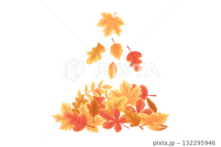 Autumn leaves pile. Cartoon fallen leaves on ground, colorful maple leaf carpet orange red yellow green colors. Vector nature autumn foliage background for your design Autumn leaves pile. Cartoon fallen leaves on ground, colorful maple leaf carpet orange red yellow green colors. Vector nature autumn foliage background for your design 132295946