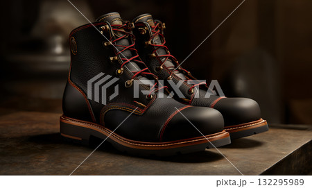 Black Leather Work Boots with Red Laces and Yellow Stitching in Industrial Setting Black Leather Work Boots with Red Laces and Yellow Stitching in Industrial Setting 132295989