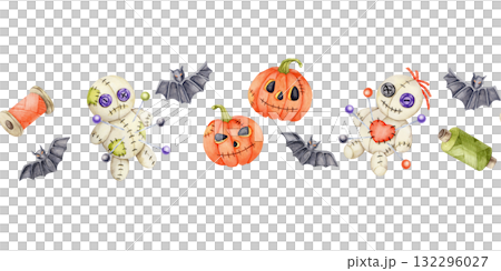 Seamless border watercolor illustration featuring pumpkins, bats, voodoo dolls, and candies, hand drawn. Excellent for Halloween product packaging, stickers, and digital invitations. Seamless border watercolor illustration featuring pumpkins, bats, voodoo dolls, and candies, hand drawn. Excellent for Halloween product packaging, stickers, and digital invitations. 132296027