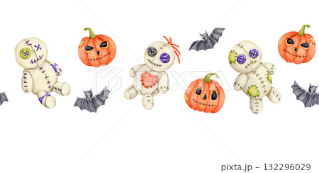 Watercolor clipart seamless border with orange pumpkins, gray bats, and beige stitched voodoo dolls, hand drawn. Suitable for Halloween packaging, digital paper, labels, and greeting card design. 132296029