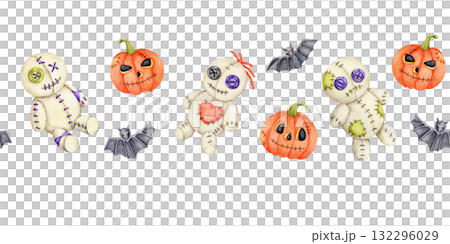 Watercolor clipart seamless border with orange pumpkins, gray bats, and beige stitched voodoo dolls, hand drawn. Suitable for Halloween packaging, digital paper, labels, and greeting card design. 132296029